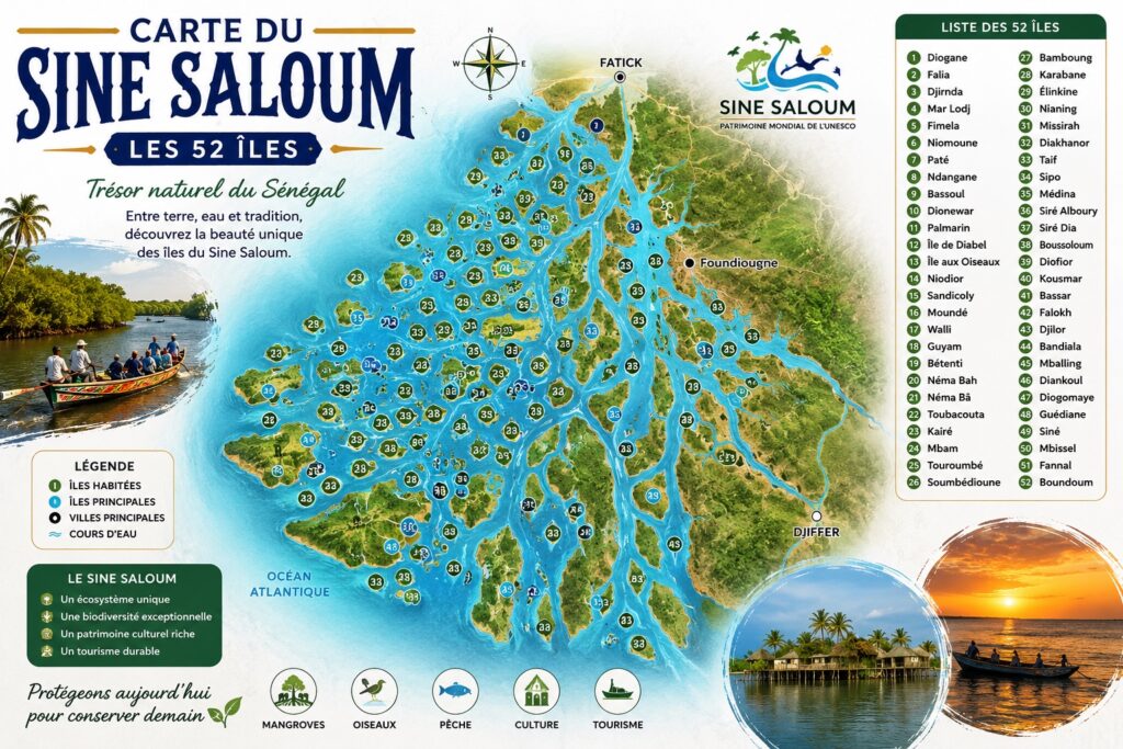 Carte touristique détaillée des îles du delta du Sine Saloum Sénégal